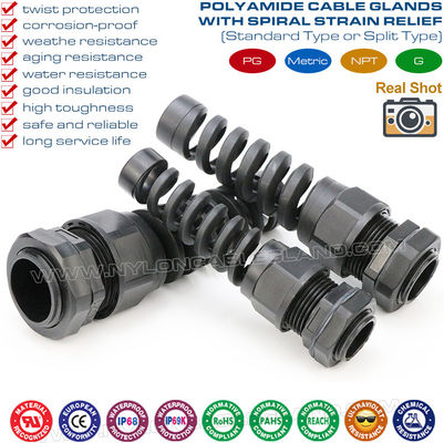 Nylon (Polyamide) Cable Gland, Spiral Type, IP68 Version, PG or Metric Pitch, Gray or Black, for Electrical Cabinet
