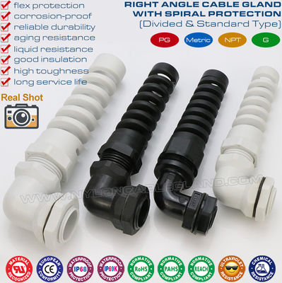 PG & Metric Thread Plastic Elbow Cable Glands, IP68 Right Angle Nylon Cable Glands with Spiral Flexible Protector
