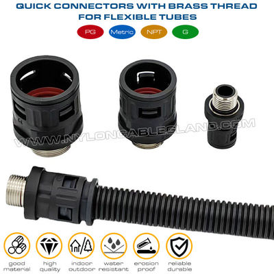 Black RAL9005 Polyamide 6 Straight Quick Connectors M12~M63 with Metal Metric Thread for Corrugated Tubes AD10~AD54.5