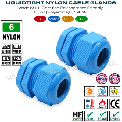 Waterproof Cord Connector M25x1.5 Plastic Cable Gland IP68, 13-18mm Range, Nylon (PA) 6, UL746C-f1 Rated, Outdoor Use