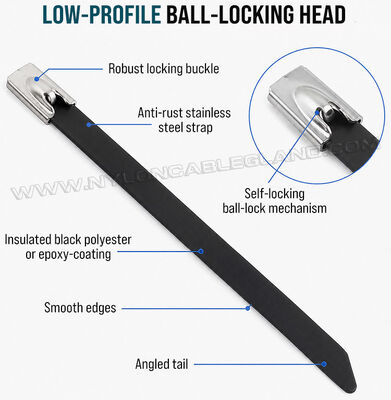 Black Epoxy-Coated Metal Cable Ties, Ball-Lock Type, 316L/316/304 Stainless Steel, Width 7.9mm x Length 150-1000mm, for Corrosive Environments