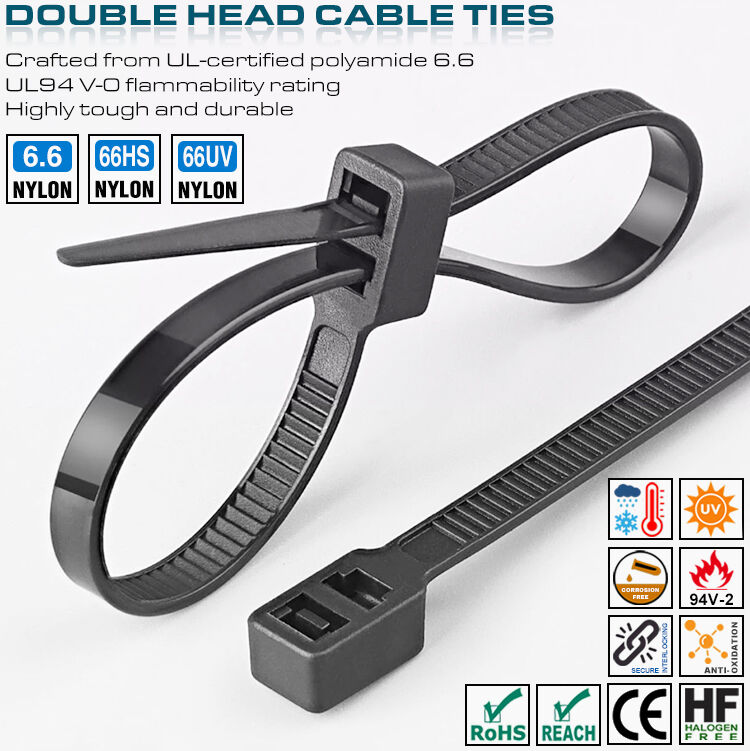 Double-Head Plastic (Nylon 6.6 / PA 6.6) Cable Tie 300x4.8mm, Double-Loop Type, 50 Lbs, UL94 V-2, Versatile Use