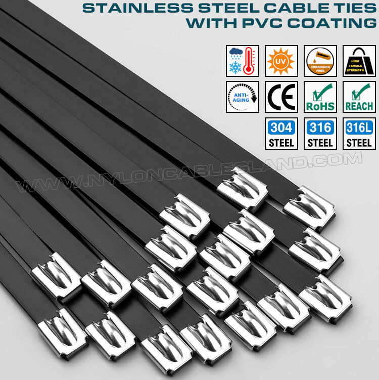 PVC Coated Metal (Stainless Steel) Cable Ties, Version 316L, 316 or 304, L: 200~1100mm x W: 16mm, 200 Lbs, Outdoor Use