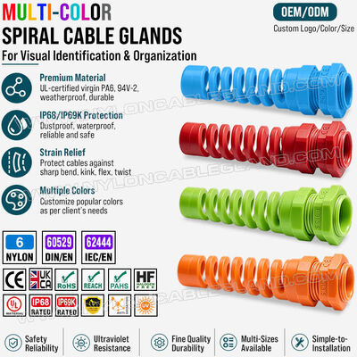 غدة الكابلات المزدوجة الملونة النيلون 6 (بولياميد 6 / PA6) ، PG13.5 (Ø 6-12mm و 5-9mm) ، IP68 و IP69K ، لتحديد الكابلات وتنظيمها